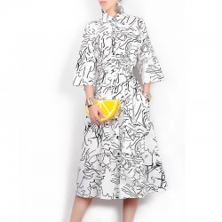 black white casual cotton dress 3/4 sleeve single breasted a-line graffiti print women dresses new 2017 spring summer