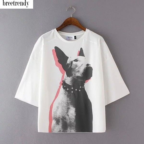 breetrendy Women Fashion Cute Dog Print T Shirt Short Sleeve Casual tee tops