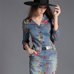 denim dress 2018 new women dress printing V collar pendulum cowboy dresses slim lotus leaf edge Bow casual dress vestidos