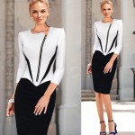 eSale Womens Autumn Winter Long Sleeve Color Block Front Zipper Slim Bodycon Sheath Party Prom Casual Midi Dress CG078