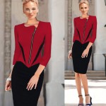 eSale Womens Autumn Winter Long Sleeve Color Block Front Zipper Slim Bodycon Sheath Party Prom Casual Midi Dress CG078