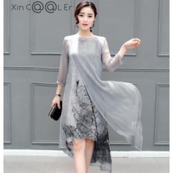 fashion 2018 Free Shipping New Spring Summer Women Work Wear Cotton Linen Dresses Folk Art Ink Print Casual Slim Dress Retro