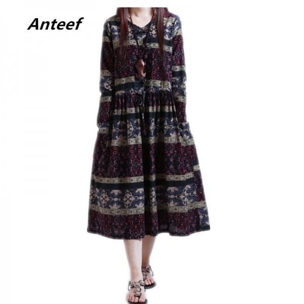 fashion autumn style cotton linen vintage print  plus size women casual loose long dress party vestidos femininos 2017 dresses