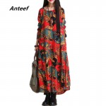 fashion autumn style cotton linen vintage print  plus size women casual loose long dress party vestidos femininos 2017 dresses