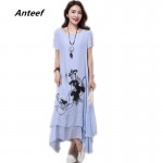 fashion cotton linen plus size vintage print women casual loose long summer dress vestidos femininos party 2017 dresses