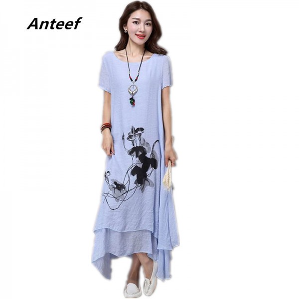 fashion cotton linen plus size vintage print women casual loose long summer dress vestidos femininos party 2017 dresses