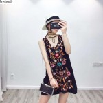 fashion women sexy v neck retro splendid floral embroidery sleeveless dress black color dresses vestidos