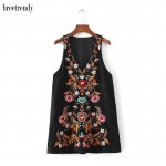 fashion women sexy v neck retro splendid floral embroidery sleeveless dress black color dresses vestidos