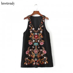 fashion women sexy v neck retro splendid floral embroidery sleeveless dress black color dresses vestidos