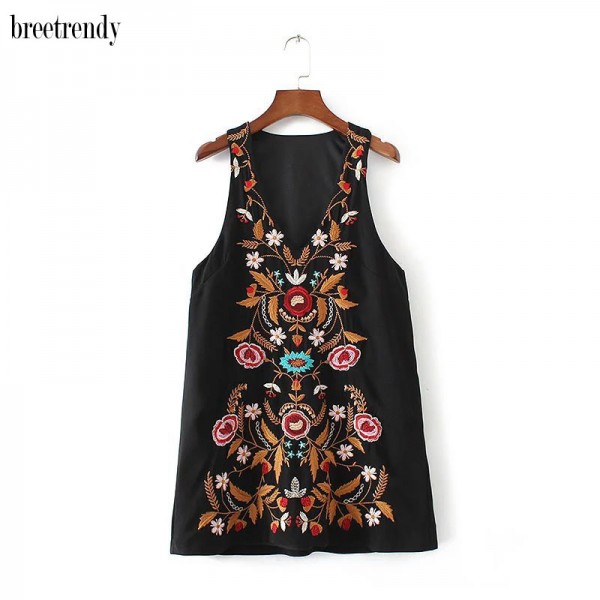 fashion women sexy v neck retro splendid floral embroidery sleeveless dress black color dresses vestidos