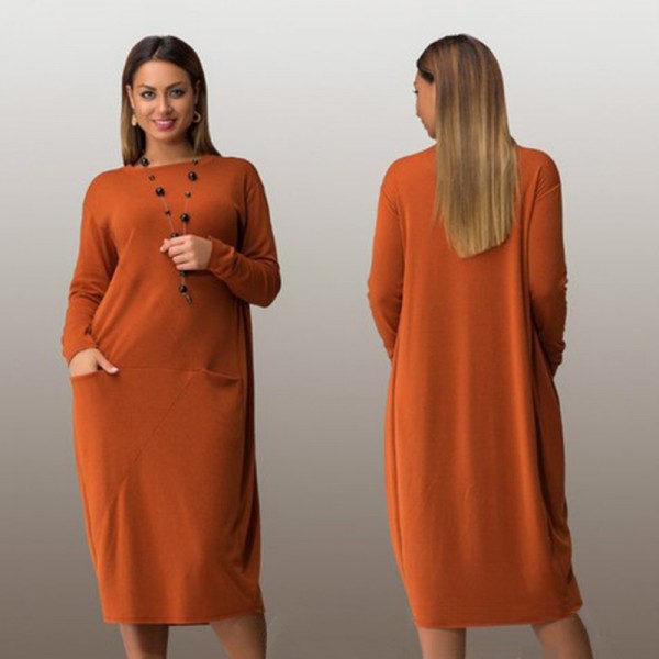 fashionable plus size casual women dress 2017 autumn winter solid Knee-Length Dresses big sizes women Long sleeve loose dress