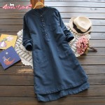 free shipping 2017 spring autumn new women loose casual solid tand Collar long-sleeved cotton linen dress female 