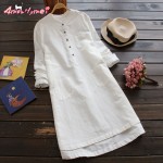 free shipping 2017 spring autumn new women loose casual solid tand Collar long-sleeved cotton linen dress female 