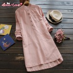 free shipping 2017 spring autumn new women loose casual solid tand Collar long-sleeved cotton linen dress female 