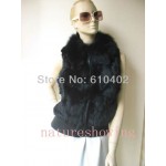 free shipping/women's real  fox collar rabbit Fur Vest / jacket lady fashion /black
