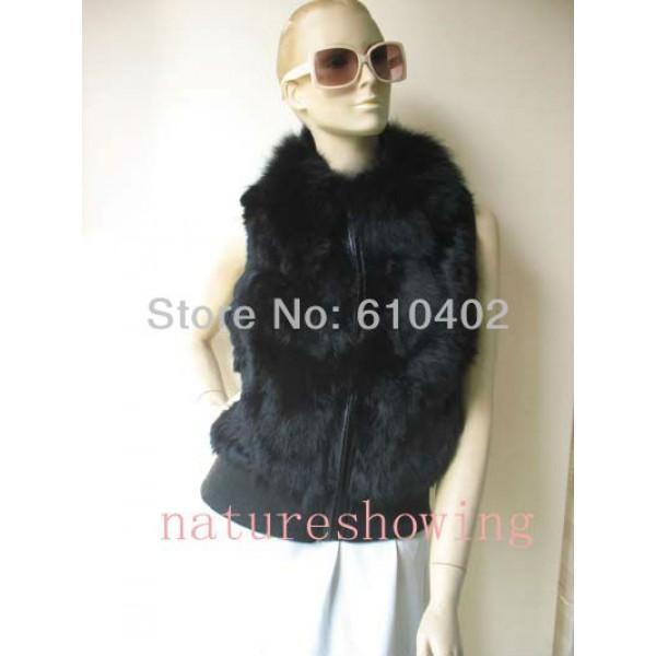 free shipping/women's real  fox collar rabbit Fur Vest / jacket lady fashion /black