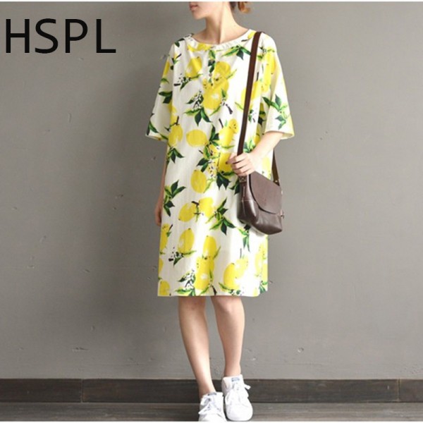 hSPL Plus Size Dress 2017 Ladies Tunic Casual Yellow Floral Retro Vintage Cotton Linen Loose Flower bayan elbise New Dresses