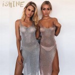 iSHINE stretchable women summer sexy beach dress hollow out casual dresses party evening elegant knitted dress backless vestidos