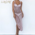 iSHINE stretchable women summer sexy beach dress hollow out casual dresses party evening elegant knitted dress backless vestidos