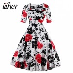 iiiher Brand Retro Vintage Women Dress Rockabilly Party Floral Print Swing Summer Dresses Elegant Tunic Vestidos