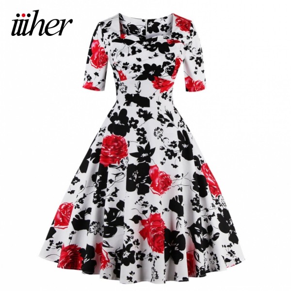 iiiher Brand Retro Vintage Women Dress Rockabilly Party Floral Print Swing Summer Dresses Elegant Tunic Vestidos