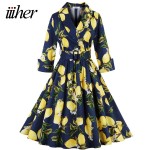 iiiher Brand Women Floral Vintage Dress Lemon Print 1950s Rockabilly Party  Vestidos Pleated Vintage Dresses Plus Size S- 4XL