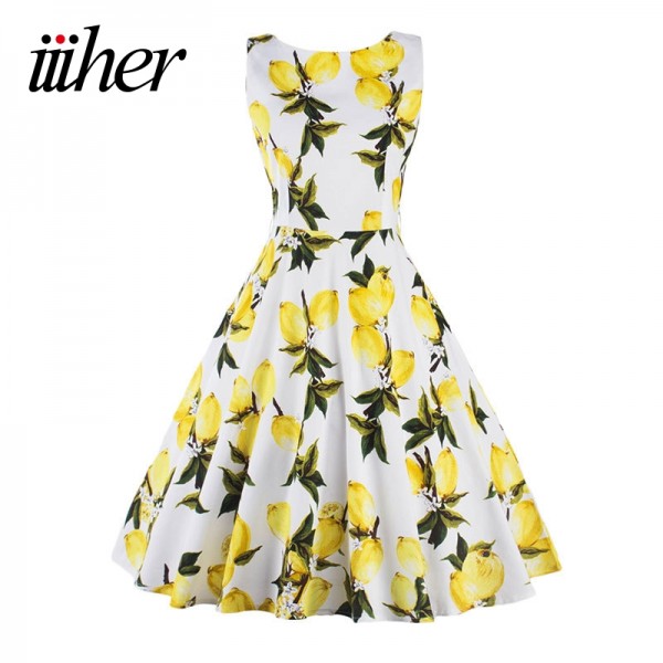 iiiher Lemon Print floral 50 60s Vintage Dresses Audrey Hepburn Sleeveless 2016 Summer Retro Dress Vestidos Robe Womens Clothing