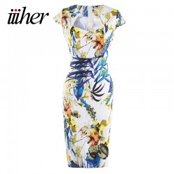 iiiher Women Summer Pencil Dresses 2016 Retro Vintage 50s Rockabilly Dress Sleeveless Work Sexy Floral Office Bodycon Vestidos 