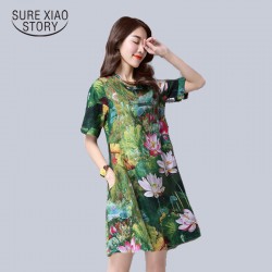 new 2016  fashion plus size women dress cotton elegant slim  short sleeved Retro loose  female printing dress hot sale 931B 25