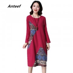 new fashion cotton linen vintage print  women casual loose autumn dress vestidos femininos party 2018 dresses