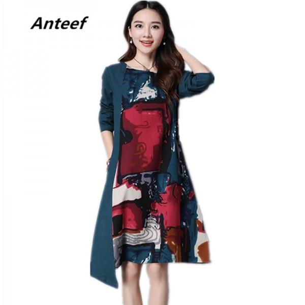 new fashion cotton linen vintage print  women casual loose autumn dress vestidos femininos party 2018 dresses