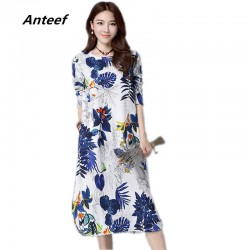 new fashion cotton linen vintage print  women casual loose long autumn dress vestidos femininos party 2017 dresses