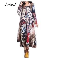 new fashion cotton linen vintage print plus size women casual long loose autumn dress vestidos femininos party 2017 dresses