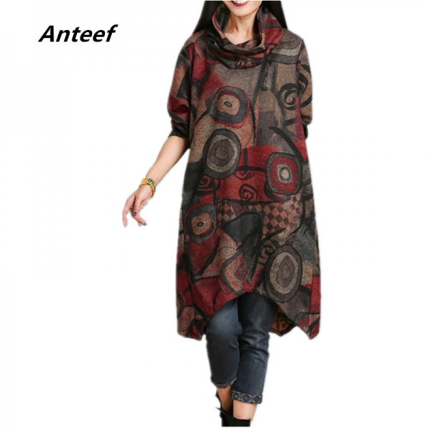 new fashion cotton plus size vintage print women casual loose autumn winter dress party vestidos femininos dresses 2016