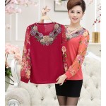 new high quality fashion women t-shirt Chiffon long sleeve shirt chiffon mother clothing lady Floral pullover top