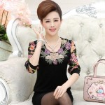 new high quality fashion women t-shirt Chiffon long sleeve shirt chiffon mother clothing lady Floral pullover top