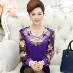 new high quality fashion women t-shirt Chiffon long sleeve shirt chiffon mother clothing lady Floral pullover top