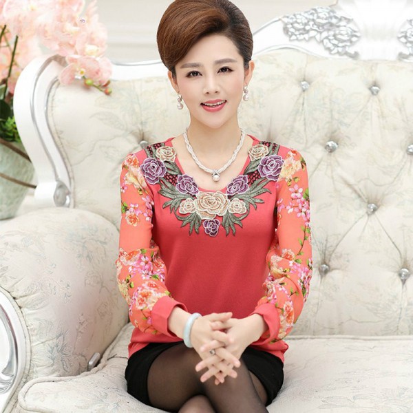 new high quality fashion women t-shirt Chiffon long sleeve shirt chiffon mother clothing lady Floral pullover top