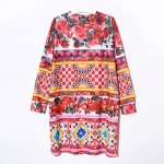 [soonyour] 2017 Spring Summer New Fashion New National Stle Printed Rose Flower O Neck Dress Long Sleeve Pullover T06800