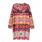 [soonyour] 2017 Spring Summer New Fashion New National Stle Printed Rose Flower O Neck Dress Long Sleeve Pullover T06800