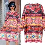 [soonyour] 2017 Spring Summer New Fashion New National Stle Printed Rose Flower O Neck Dress Long Sleeve Pullover T06800