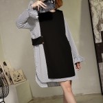 [soonyour] 2017 Spring Summer Two Pieces Blue Black Color Lotus Sleeve O Neck Stripe Jumper Irregular Dress Women 22CXTQ1