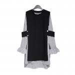 [soonyour] 2017 Spring Summer Two Pieces Blue Black Color Lotus Sleeve O Neck Stripe Jumper Irregular Dress Women 22CXTQ1