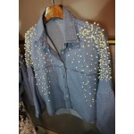 [soonyour] 2017 spring new loose long sleeved three-dimensional pearl bead short denim shirt jacket women fashion tide 1018A