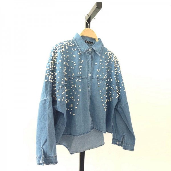 [soonyour] 2017 spring new loose long sleeved three-dimensional pearl bead short denim shirt jacket women fashion tide 1018A