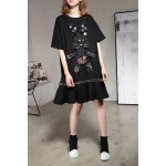 [soonyour] 2017 spring new women's black five-point sleeve loose stitching sequins lotus leaf pleated dress A001331