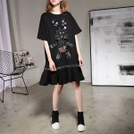 [soonyour] 2017 spring new women's black five-point sleeve loose stitching sequins lotus leaf pleated dress A001331