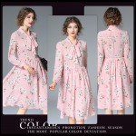 spring summer runway designer woman dress pink dark blue silk dress white flower print collar bow fashion cute knee length dress