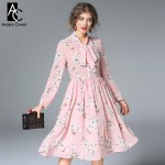 spring summer runway designer woman dress pink dark blue silk dress white flower print collar bow fashion cute knee length dress