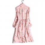 spring summer runway designer woman dress pink dark blue silk dress white flower print collar bow fashion cute knee length dress